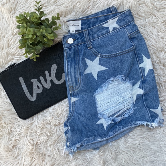 Love + Harmony Star Cutoff Jean Shorts 💗 Blue & White - Picture 2 of 10